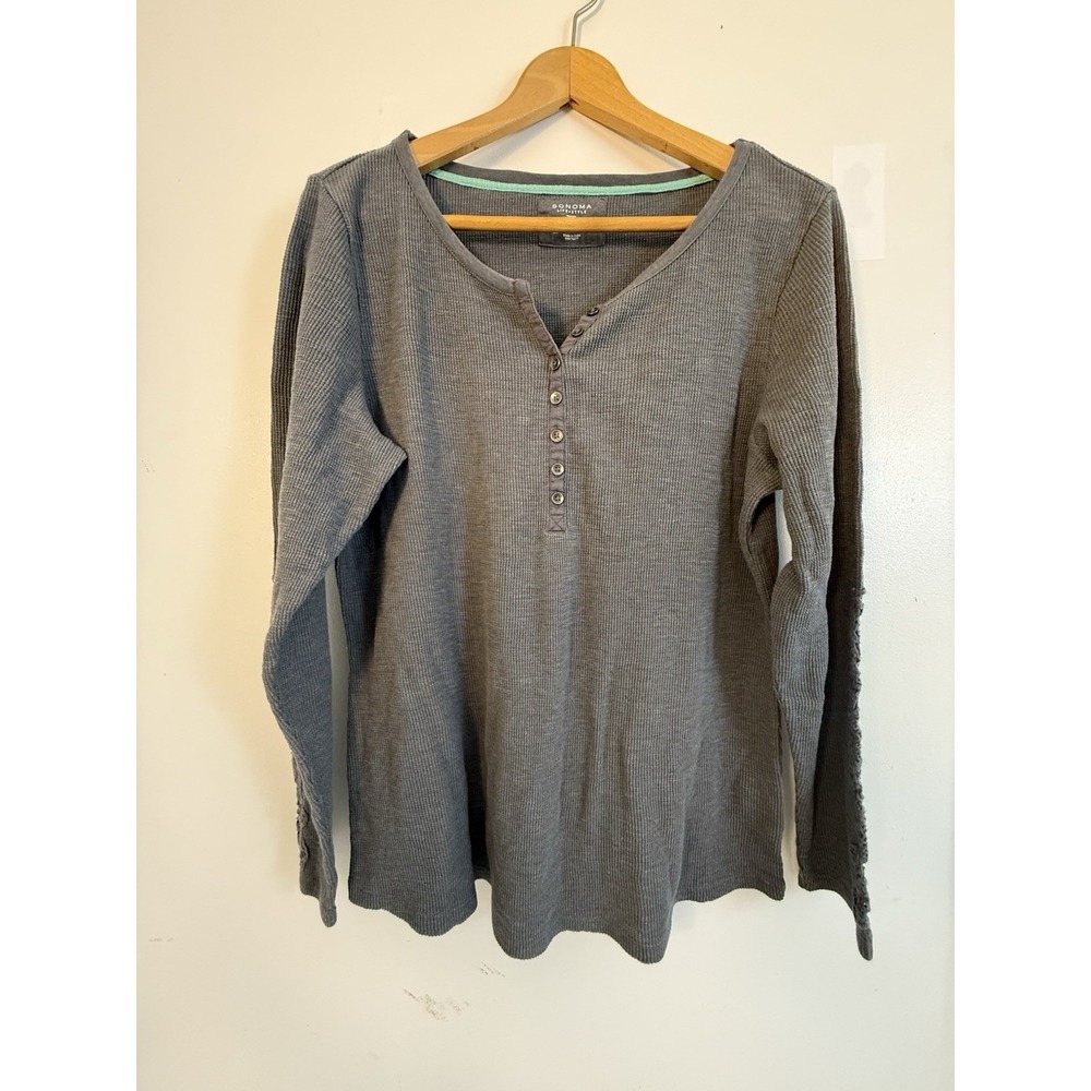 Sonoma Waffle Knit Henley Top Gray Boho Crochet Sleeve Cozy Cottagecore XL
